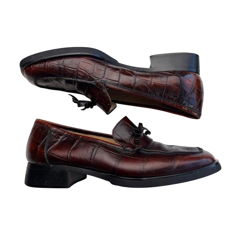 Sesto Meucci Vintage Loafers Croc Embossed Leather Dark Academia Brown 8.5